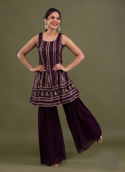 Wine Georgette Sharara Suit with Embroidery and Mirror Work-2