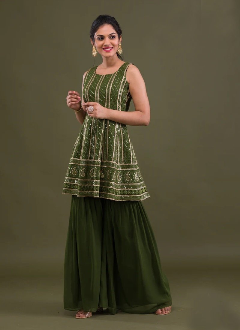 Olive Green Georgette Sharara Suit with Embroidery and Mirror Work