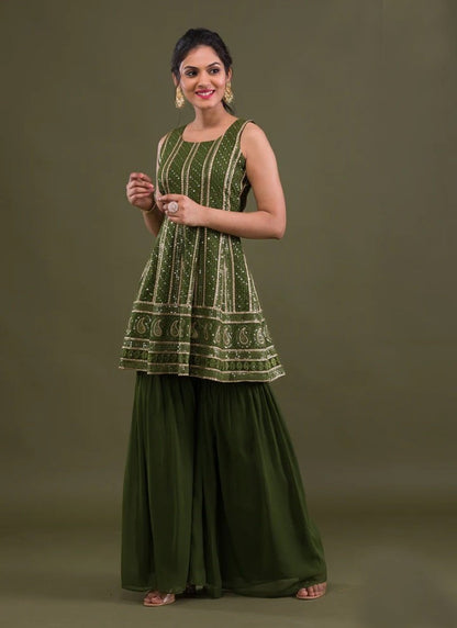 Olive Green Georgette Sharara Suit with Embroidery and Mirror Work