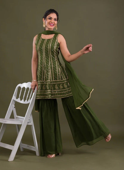 Olive Green Georgette Sharara Suit with Embroidery and Mirror Work-2