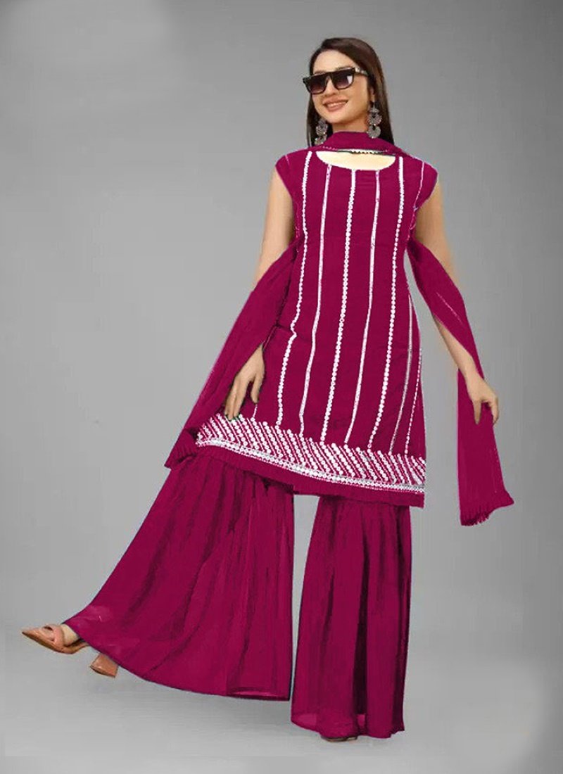 Magenta Georgette Sharara Suit with Embroidery and Mirror Work-2