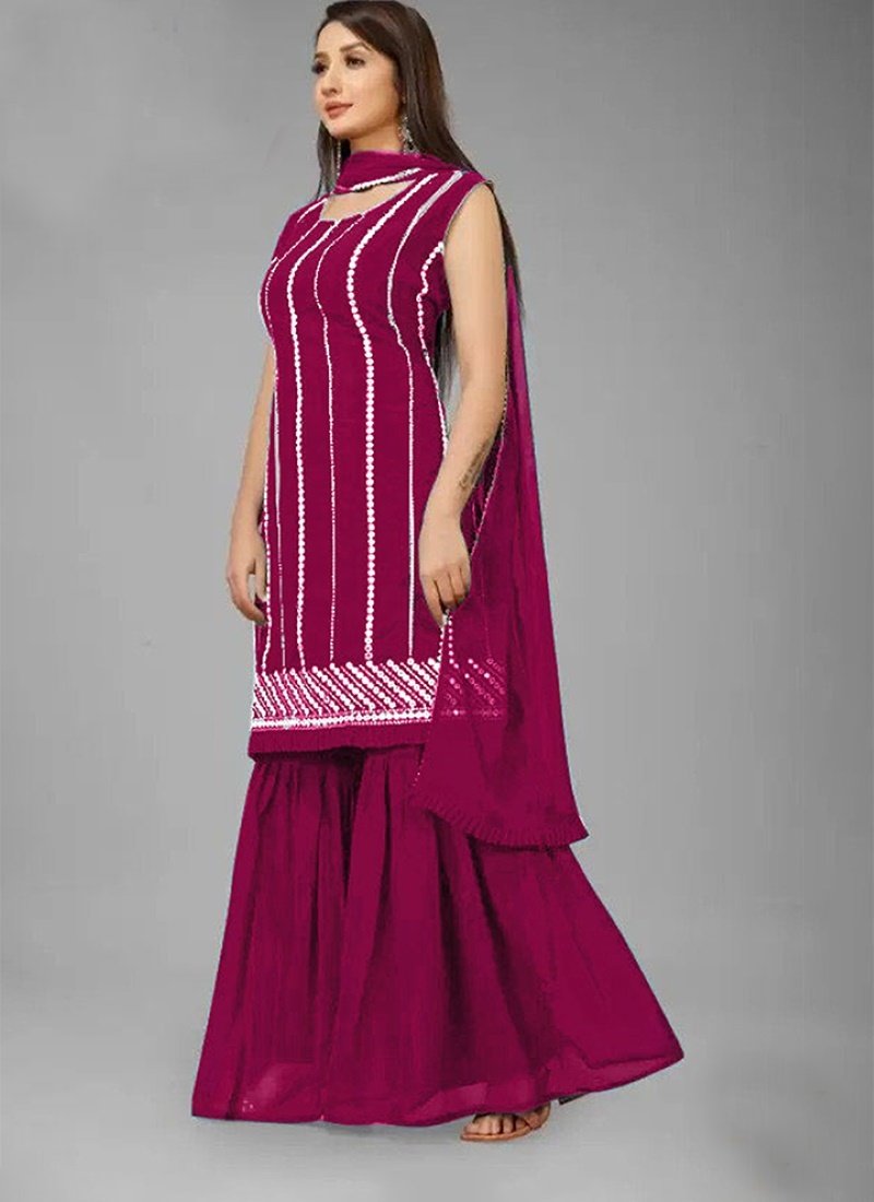 Magenta Georgette Sharara Suit with Embroidery and Mirror Work