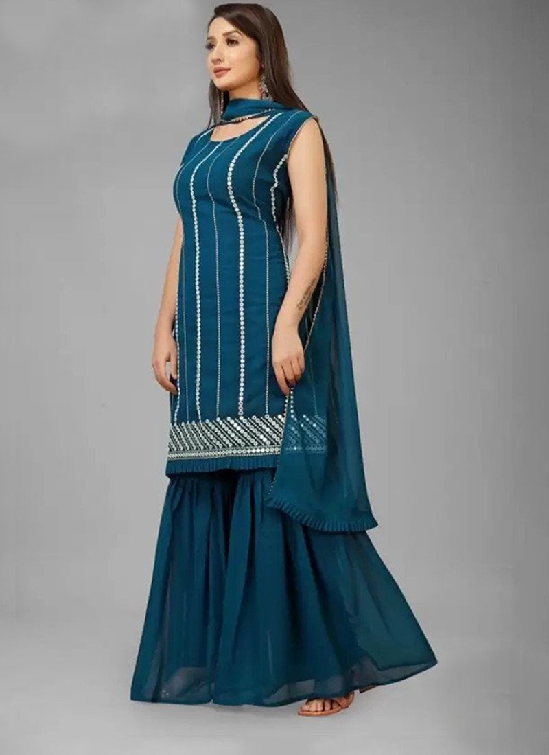 Teal Blue Georgette Sharara Suit with Embroidery and Mirror Work-2