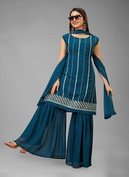 Teal Blue Georgette Sharara Suit with Embroidery and Mirror Work