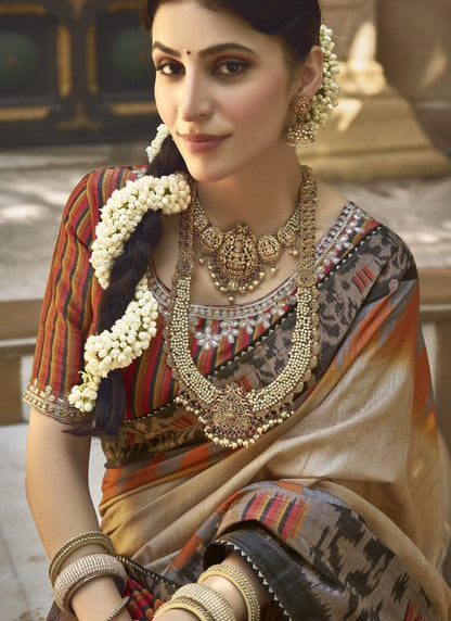 Beige Silk Heavy Work Saree