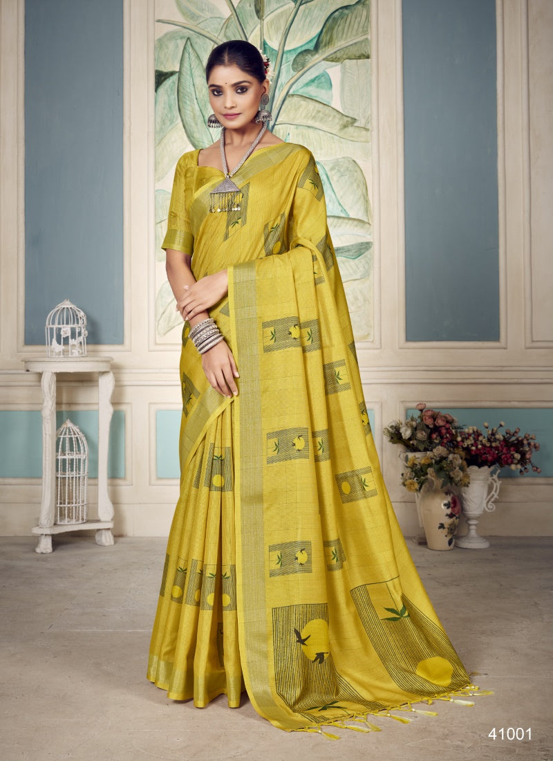 Yellow Cotton Floral Print Saree