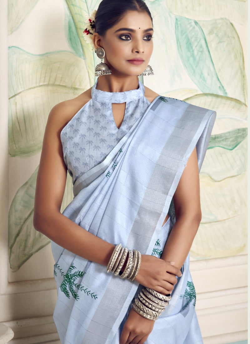 Light Blue Cotton Floral Print Saree-2