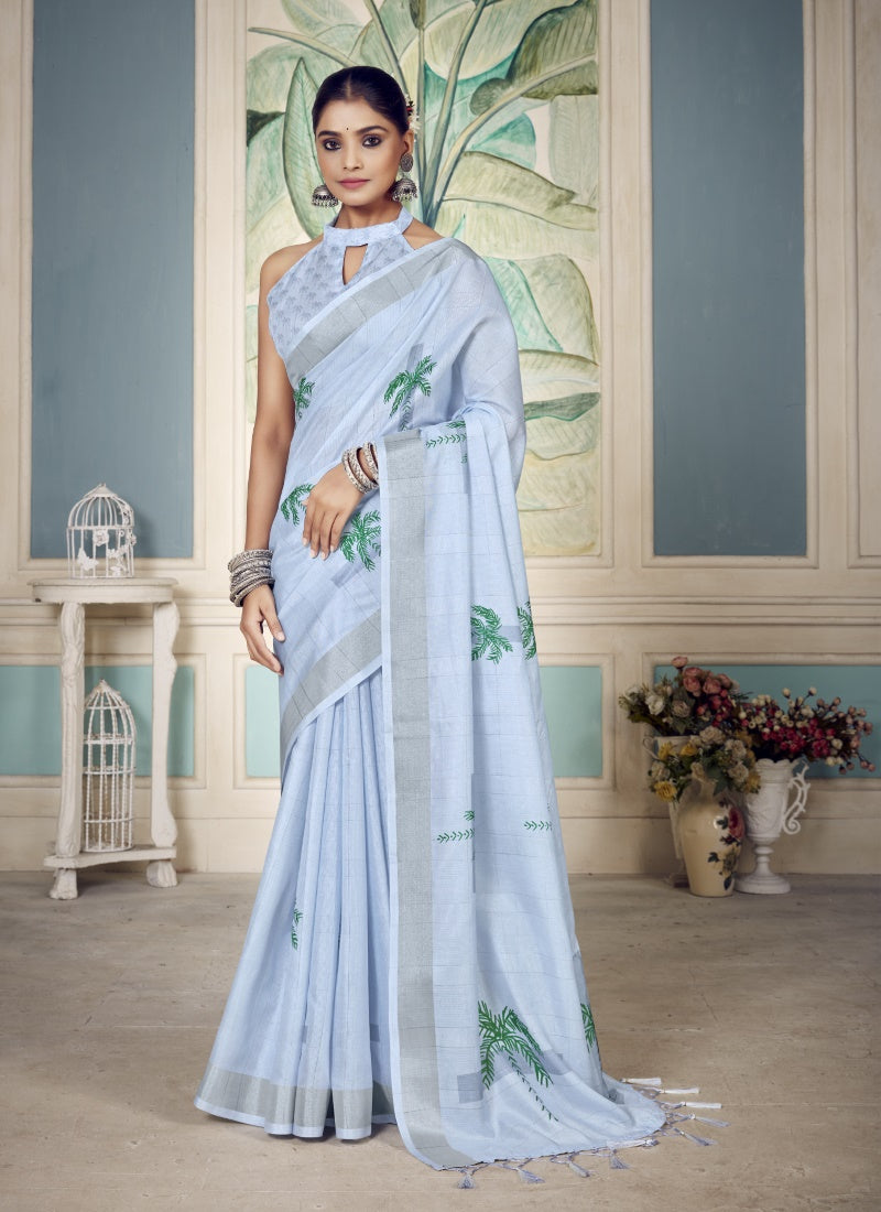 Light Blue Cotton Floral Print Saree