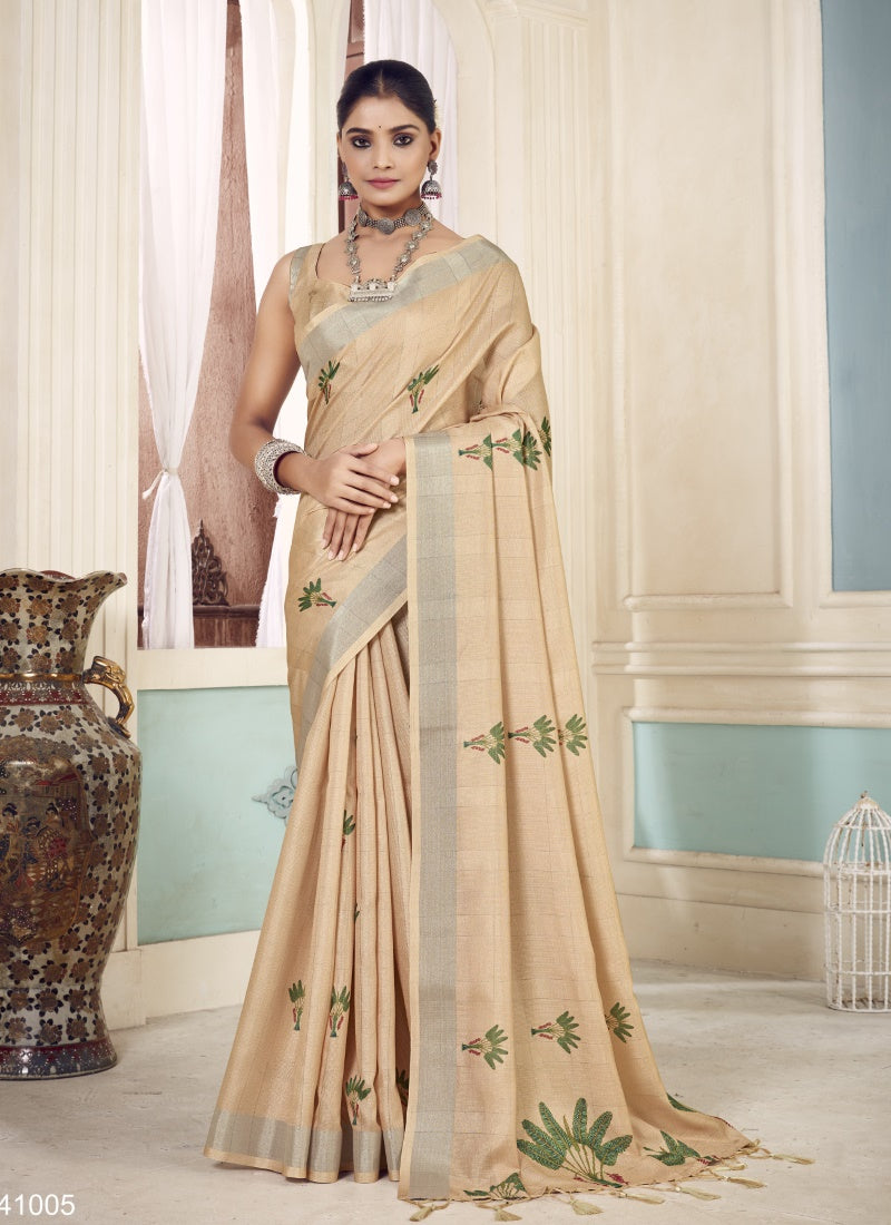 Cream Cotton Floral Print Saree