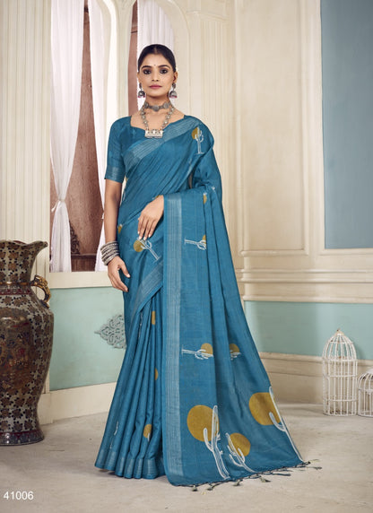 Teal Blue Cotton Floral Print Saree