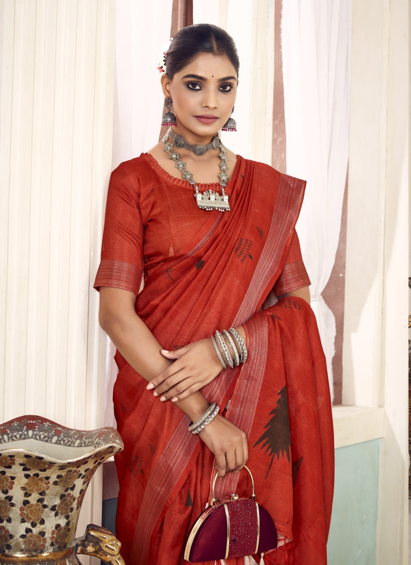 Red Cotton Floral Print Saree-2