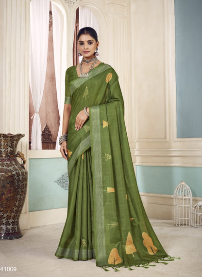 Green Cotton Floral Print Saree