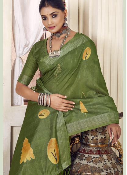 Green Cotton Floral Print Saree-2