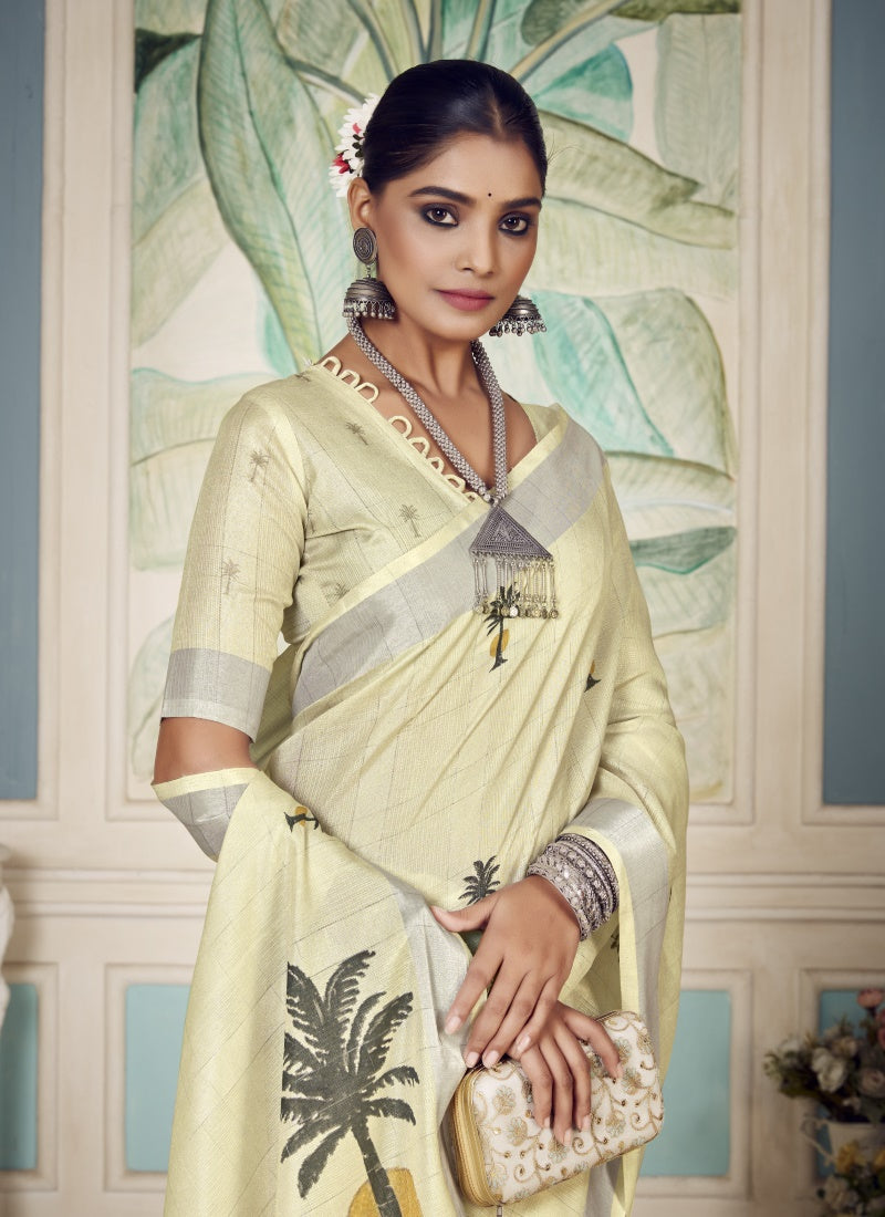 Light Yellow Cotton Floral Print Saree-2