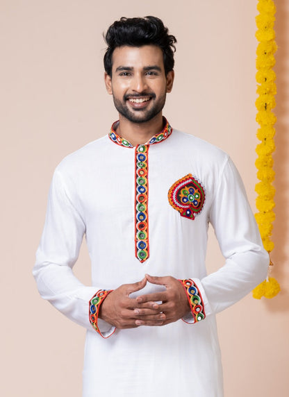 White Reyon Navratri Kurta Pajama For Men's