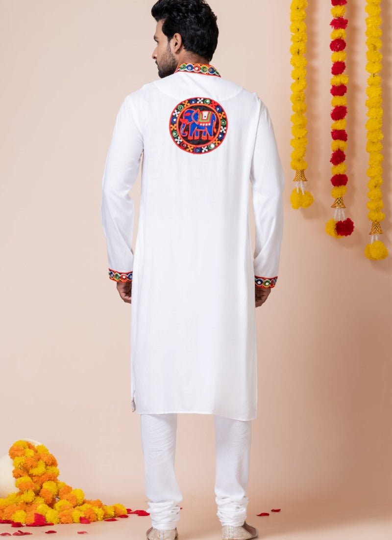 White Reyon Navratri Kurta Pajama For Men's