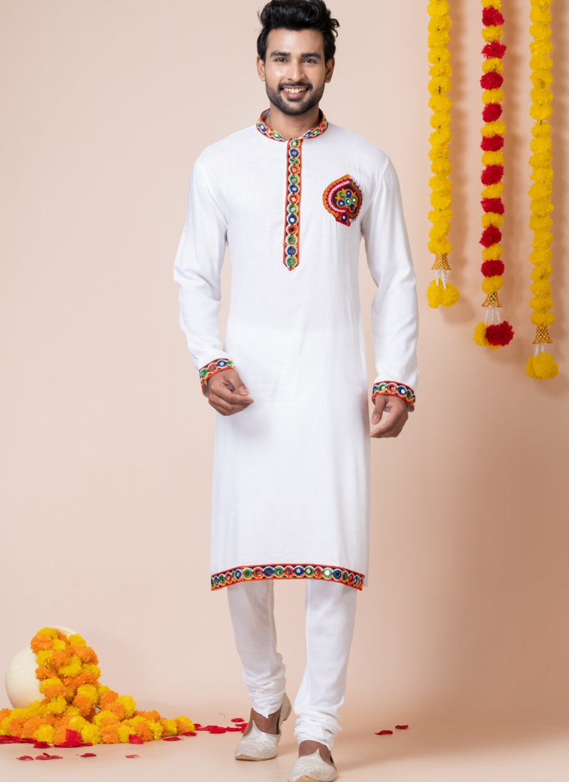 White Reyon Navratri Kurta Pajama For Men's