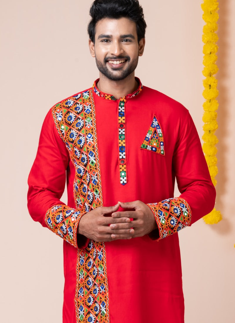 Red Reyon Navratri Kurta Pajama For Men's