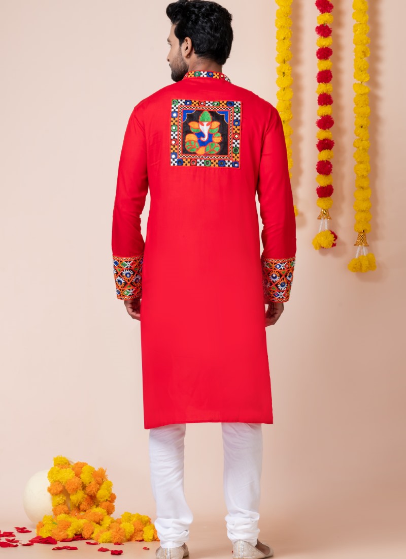 Red Reyon Navratri Kurta Pajama For Men's