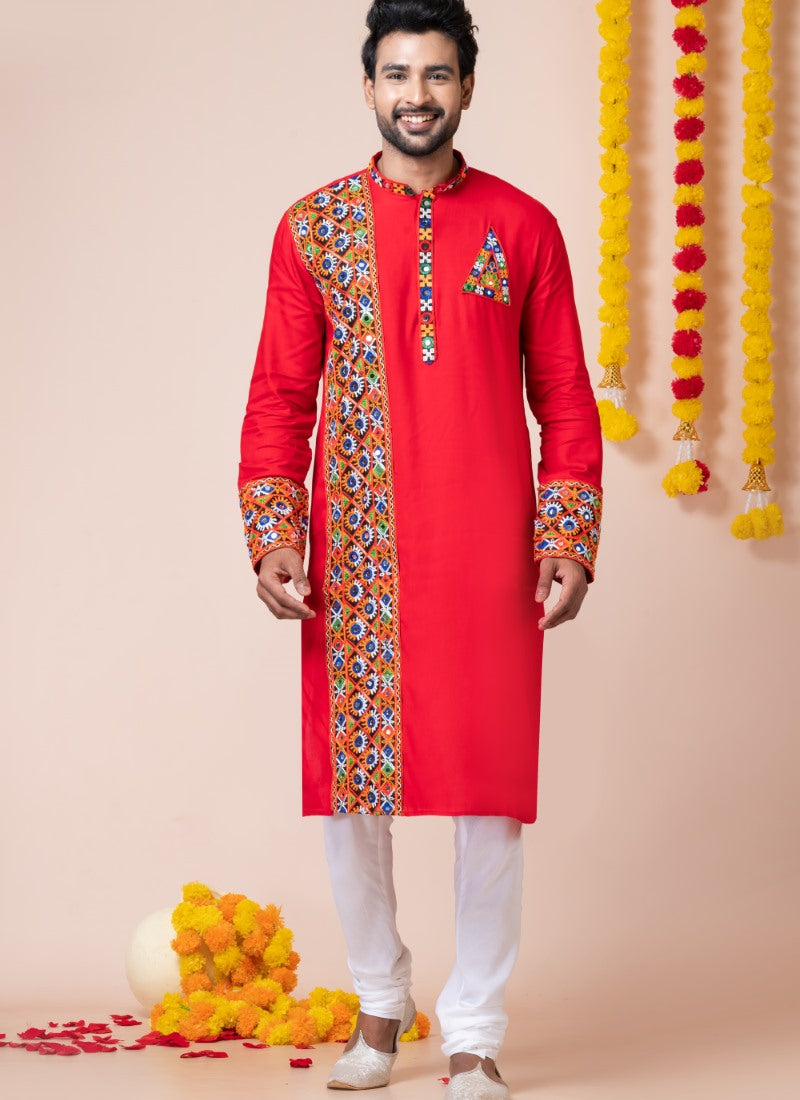 Red Reyon Navratri Kurta Pajama For Men's