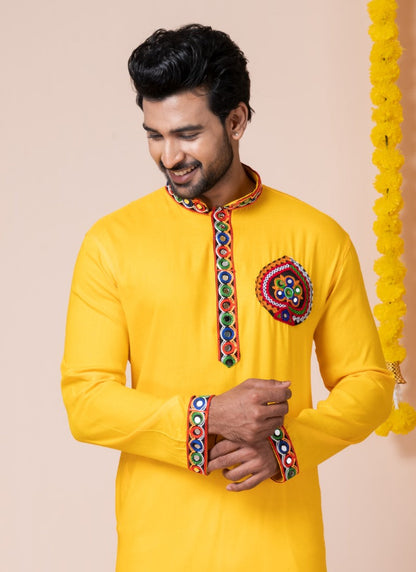 Yellow Reyon Navratri Kurta Pajama For Men's