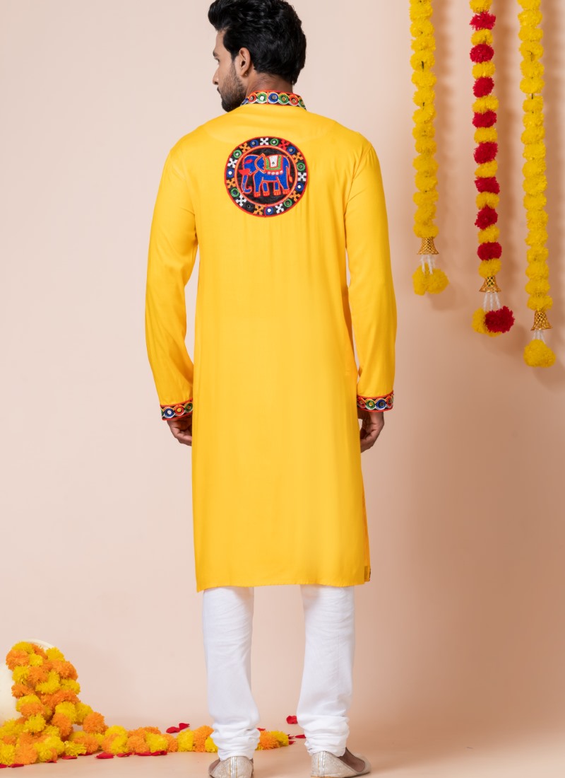 Yellow Reyon Navratri Kurta Pajama For Men's