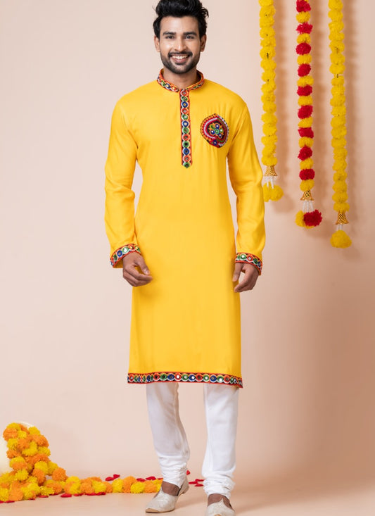 Yellow Reyon Navratri Kurta Pajama For Men's