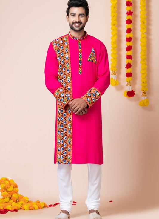 Pink Reyon Navratri Kurta Pajama For Men's