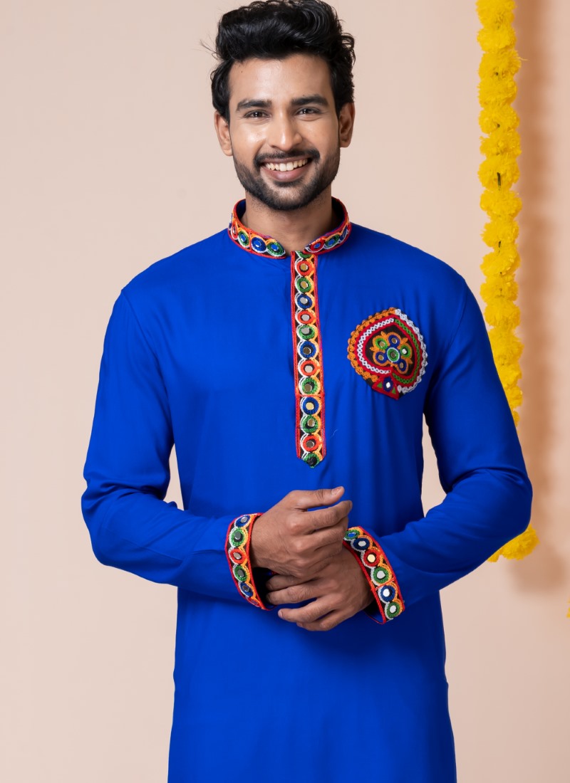 Blue Reyon Navratri Kurta Pajama For Men's