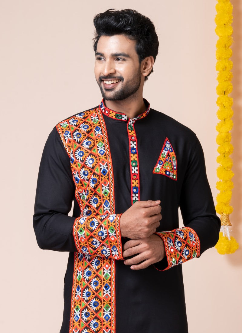 Black Reyon Navratri Kurta Pajama For Men's