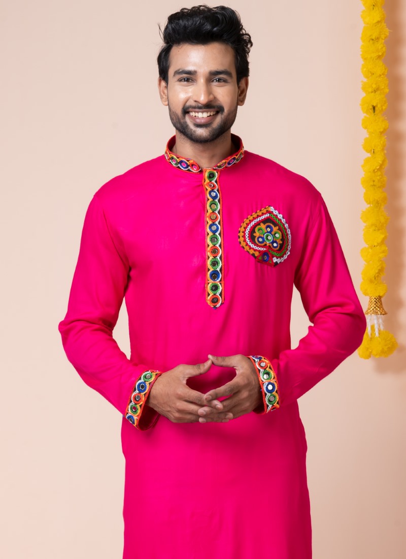 Pink Reyon Navratri Kurta Pajama For Men's