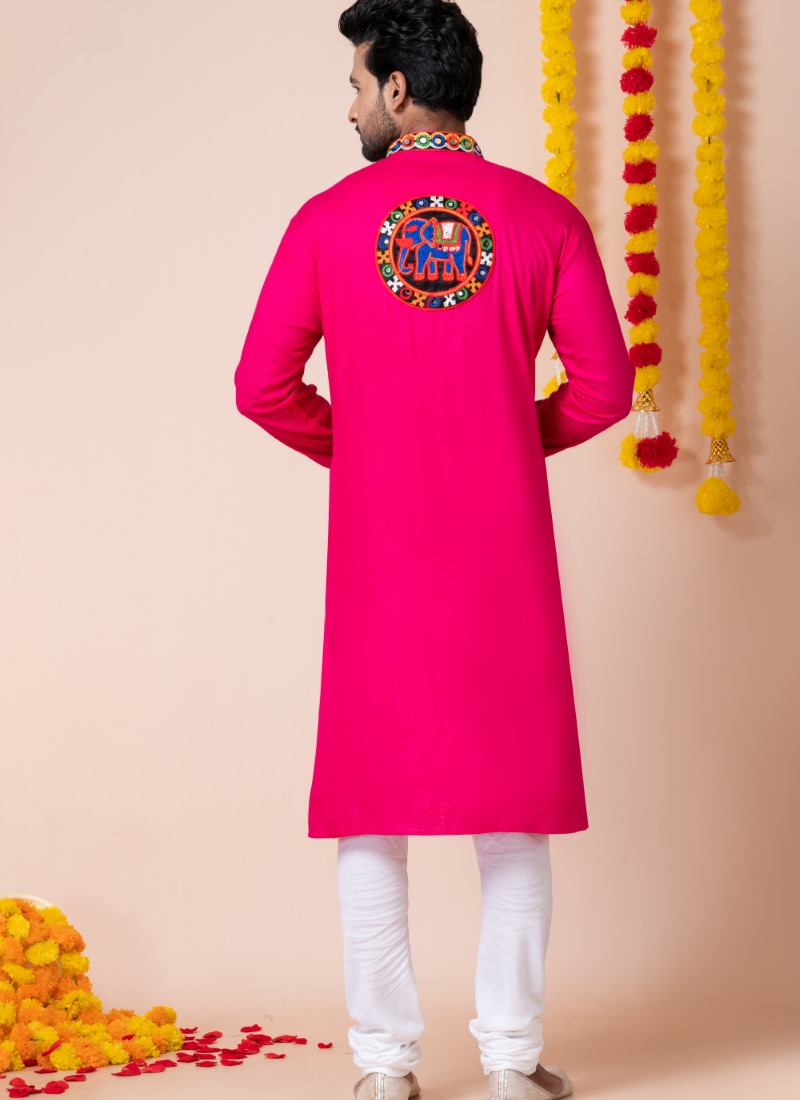 Pink Reyon Navratri Kurta Pajama For Men's