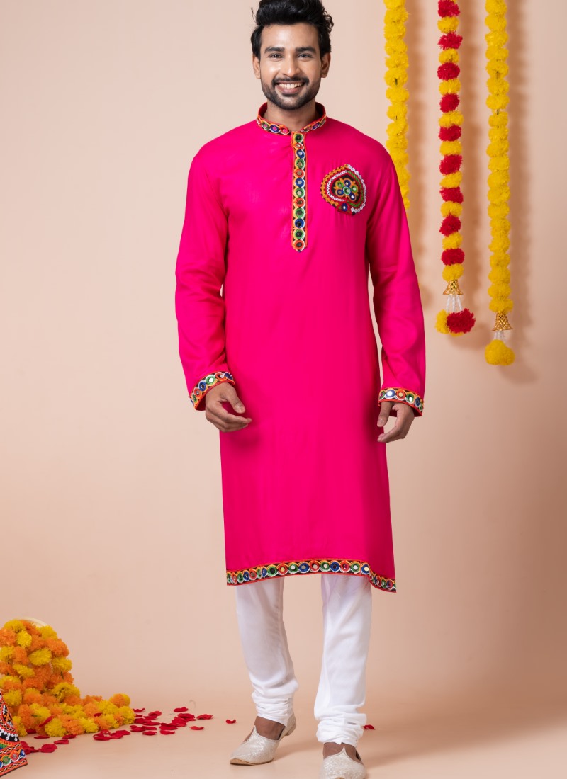 Pink Reyon Navratri Kurta Pajama For Men's