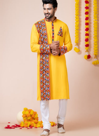 Yellow Reyon Navratri Kurta Pajama For Men's