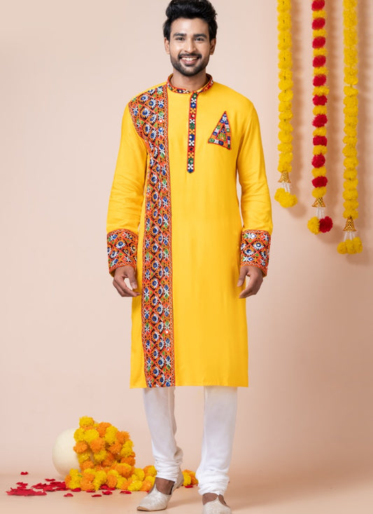 Yellow Reyon Navratri Kurta Pajama For Men's