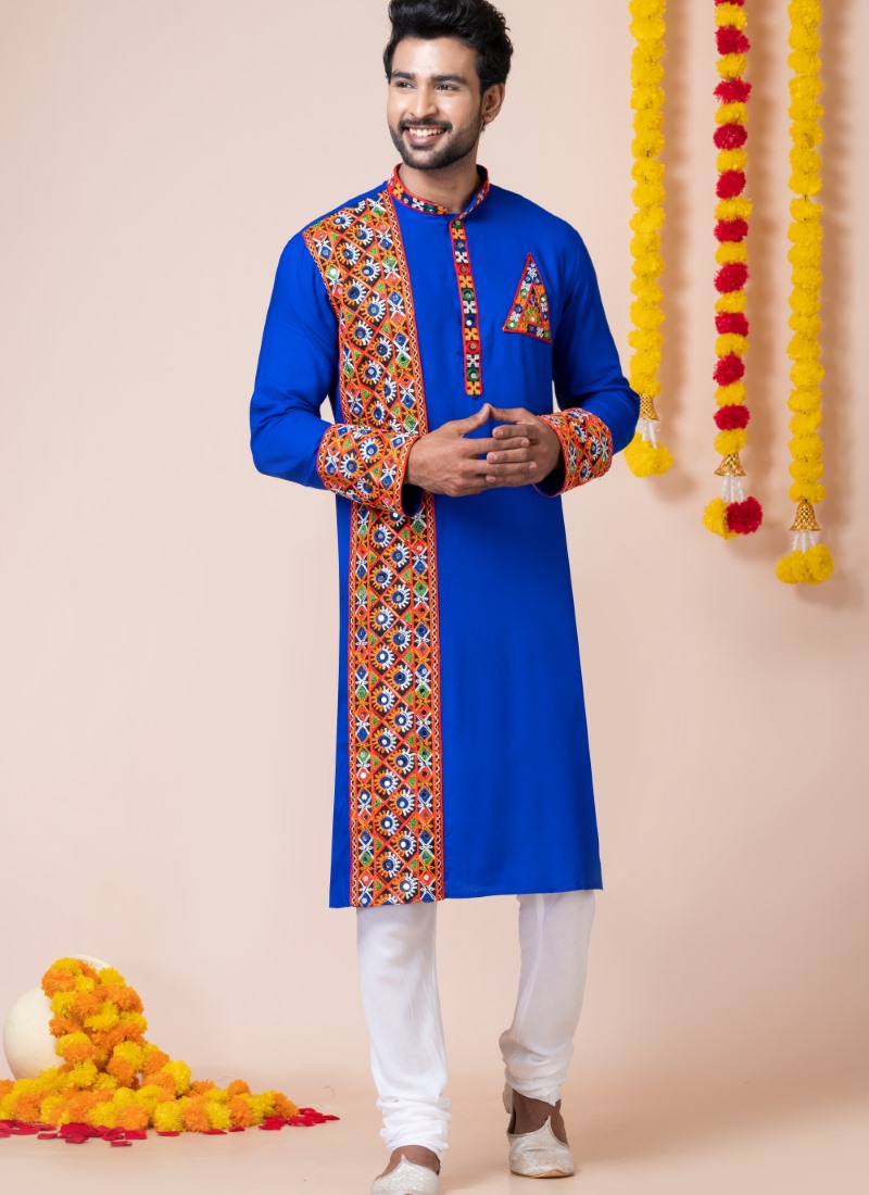 Blue Reyon Navratri Kurta Pajama For Men's