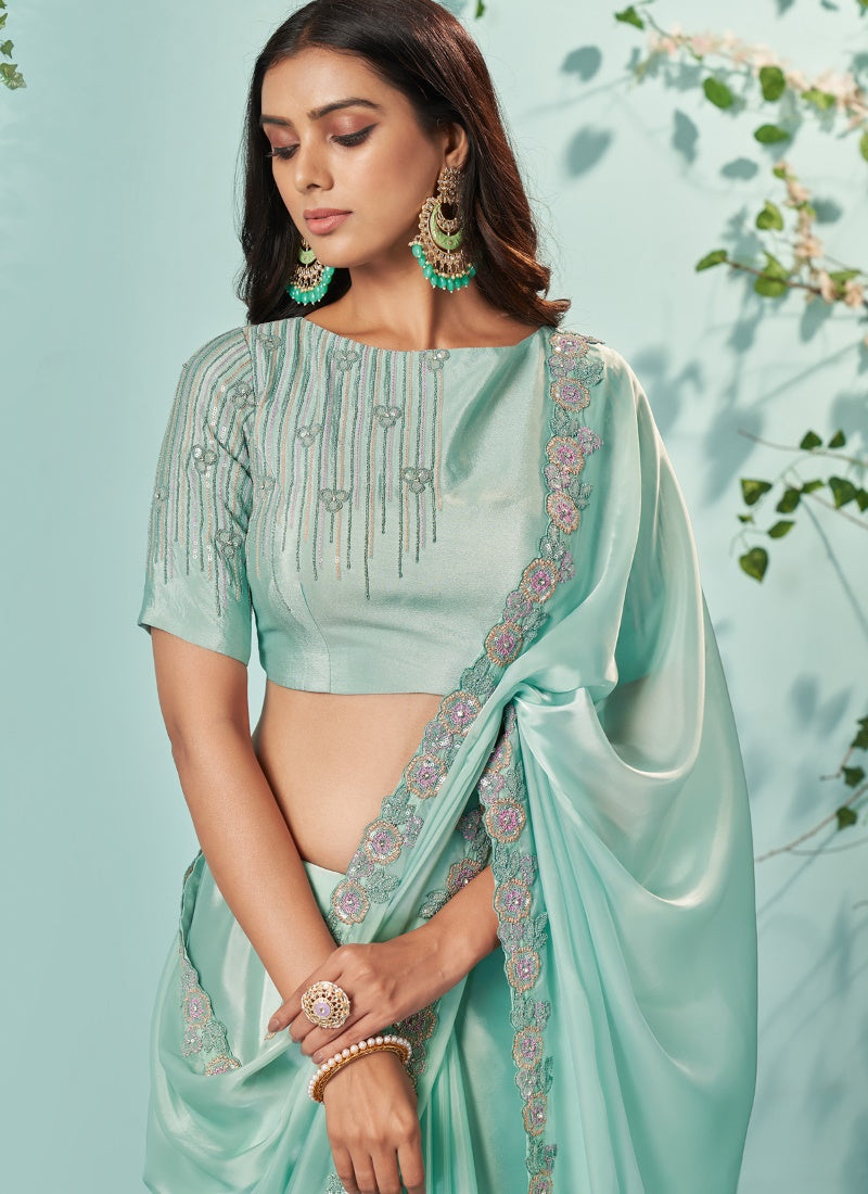 Sky Blue Silk Embroidered Saree With Sequins, Stone and Thread Work-2