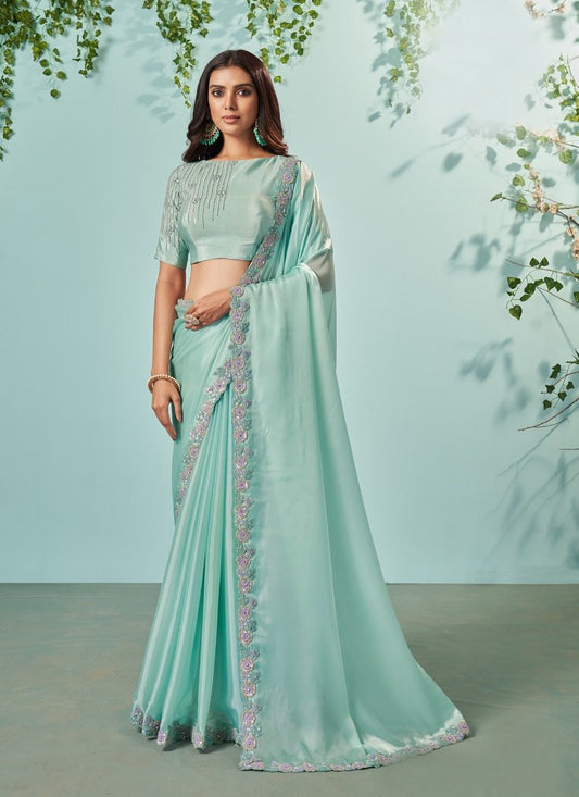 Sky Blue Silk Embroidered Saree With Sequins, Stone and Thread Work