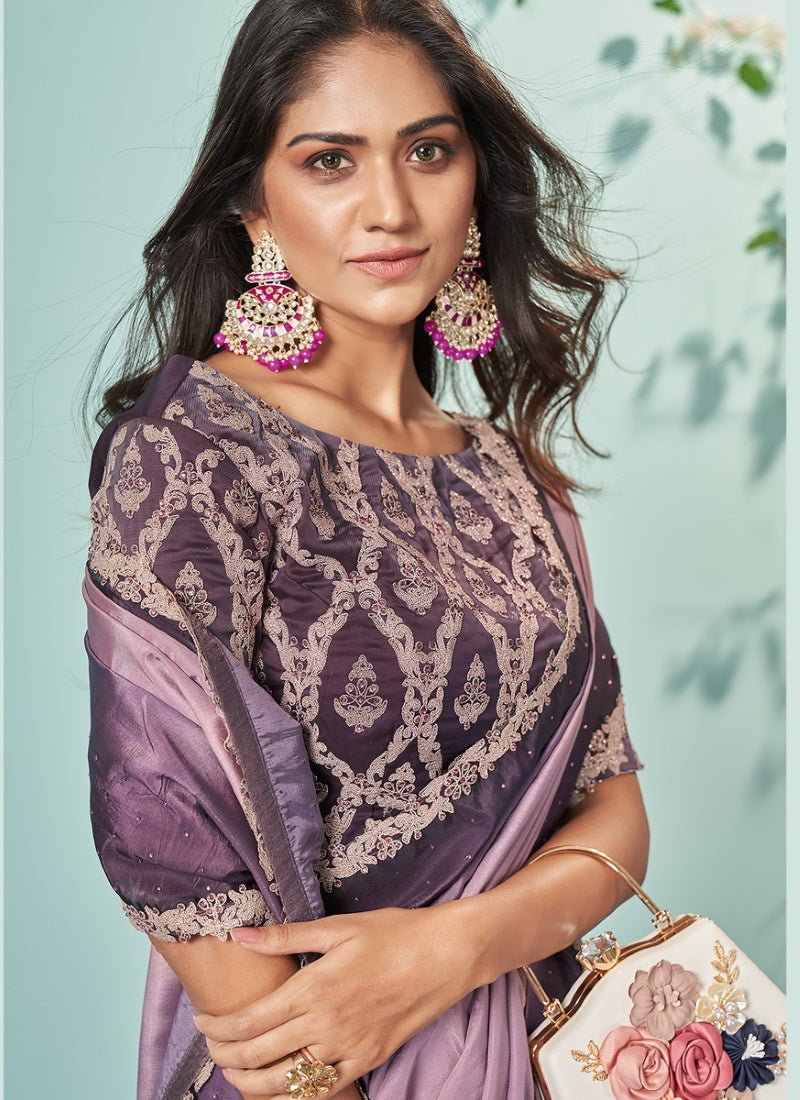 Purple Silk Embroidered Saree With Sequins, Stone and Thread Work-2
