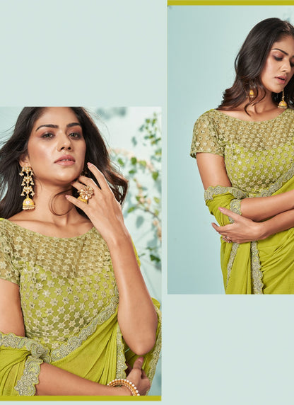 Pista Green Chiffon Embroidered Saree With Sequins, Stone and Thread Work-2