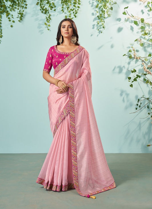 Pink Orangza Embroidered Saree With Sequins, Stone and Thread Work