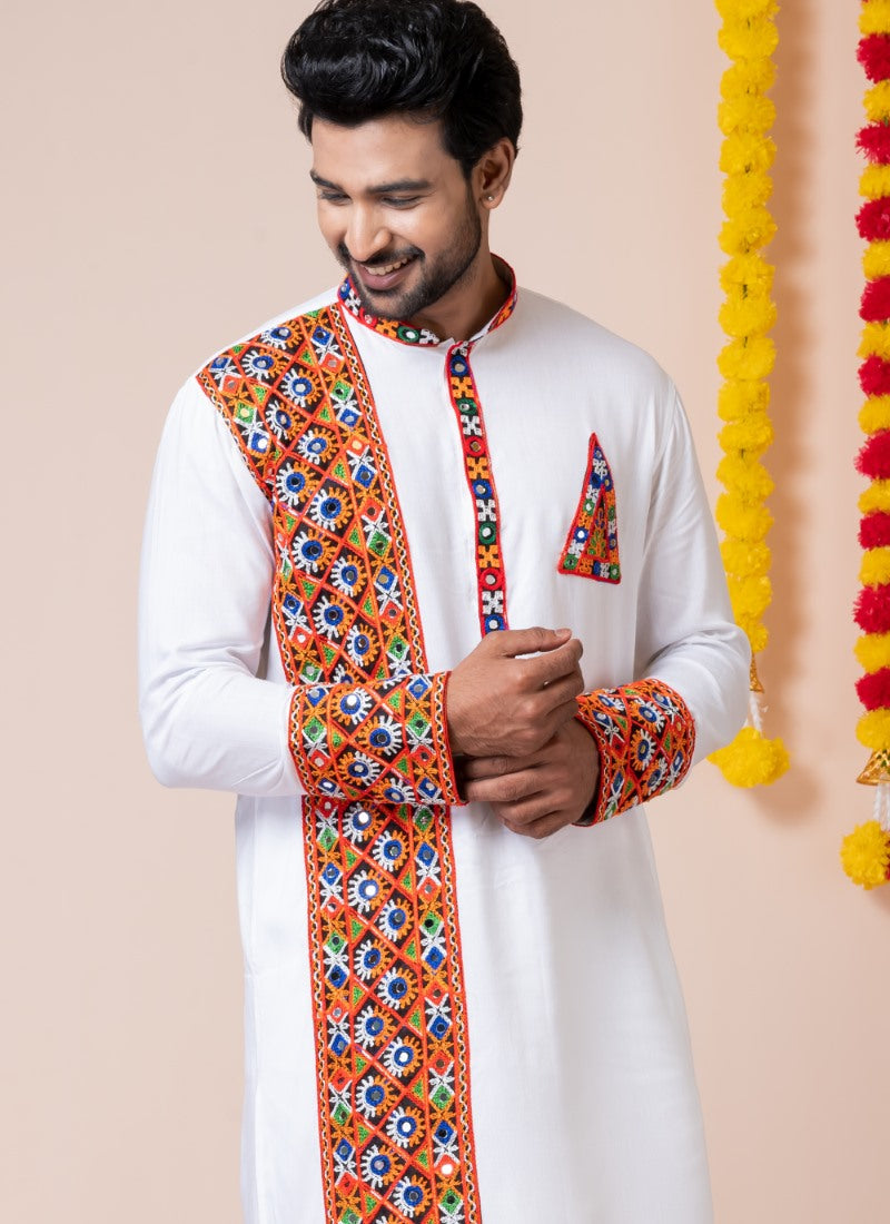 White Reyon Navratri Kurta Pajama For Men's