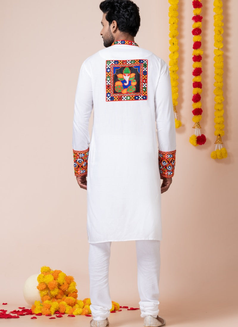 White Reyon Navratri Kurta Pajama For Men's