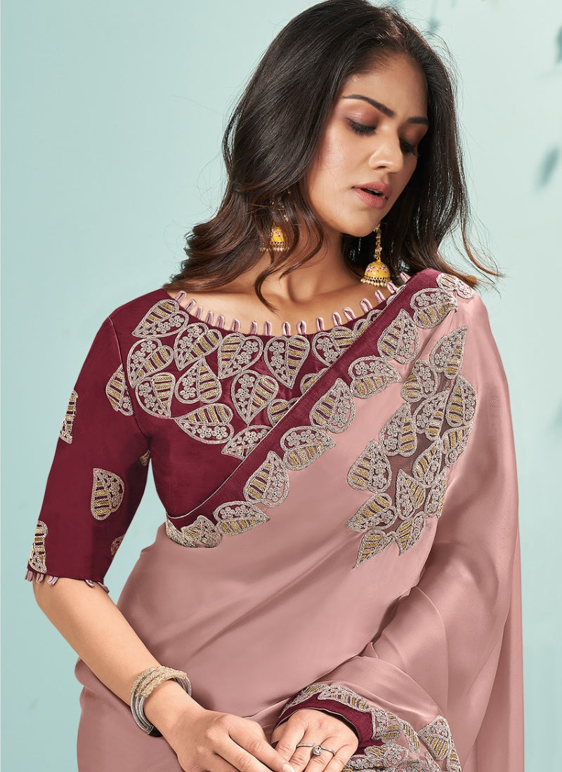 Light Maroon Silk Embroidered Saree With Sequins, Stone and Thread Work-2