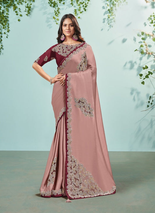 Light Maroon Silk Embroidered Saree With Sequins, Stone and Thread Work