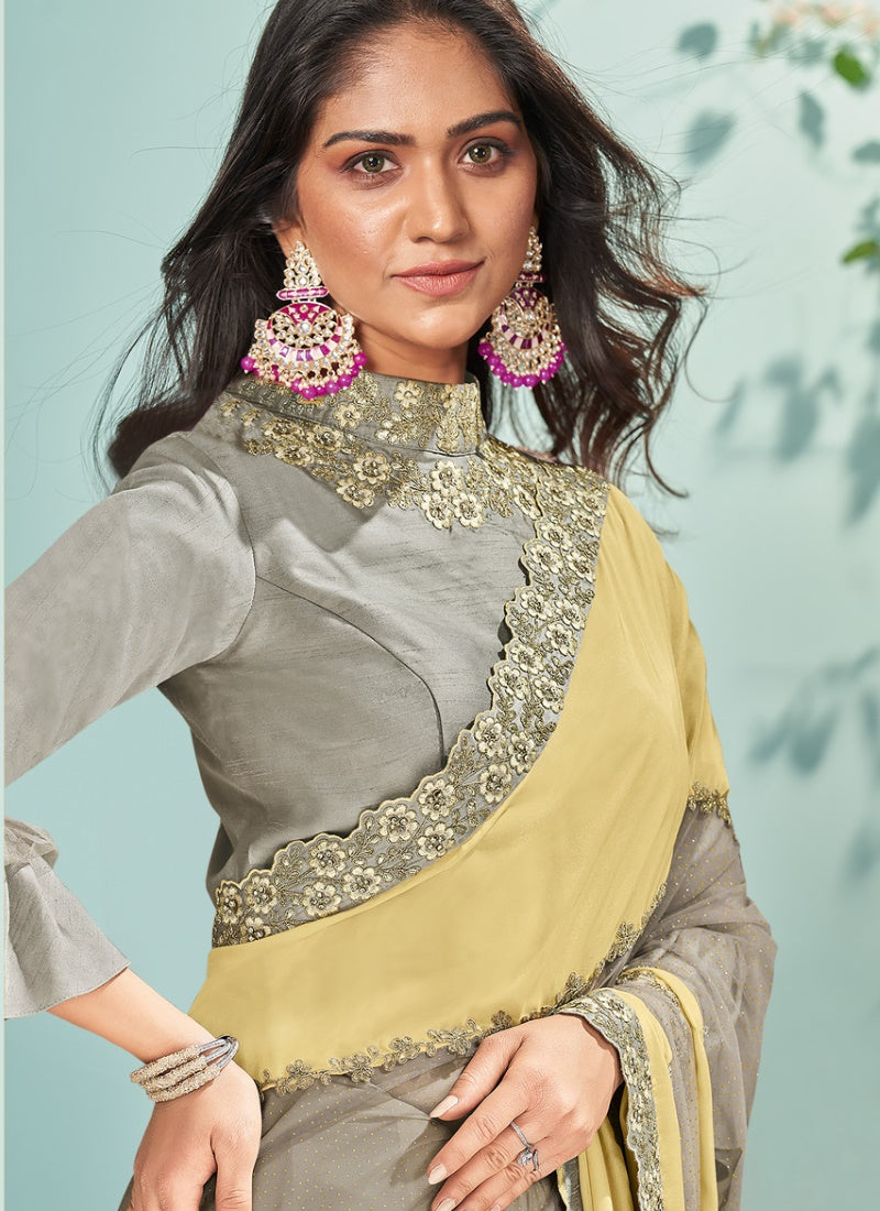 Yellow Silk Embroidered Saree With Sequins, Stone and Thread Work-2