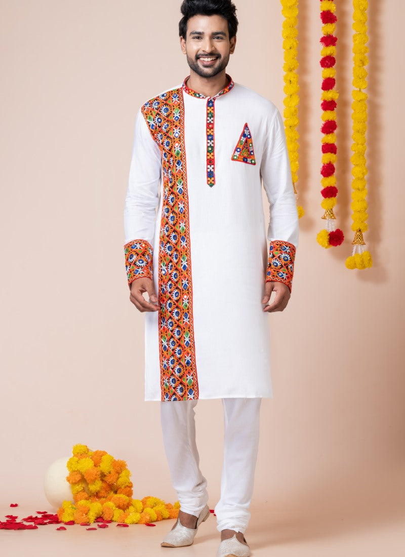 White Reyon Navratri Kurta Pajama For Men's