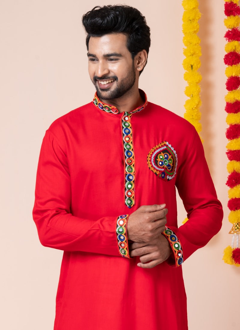 Red Reyon Navratri Kurta Pajama For Men's