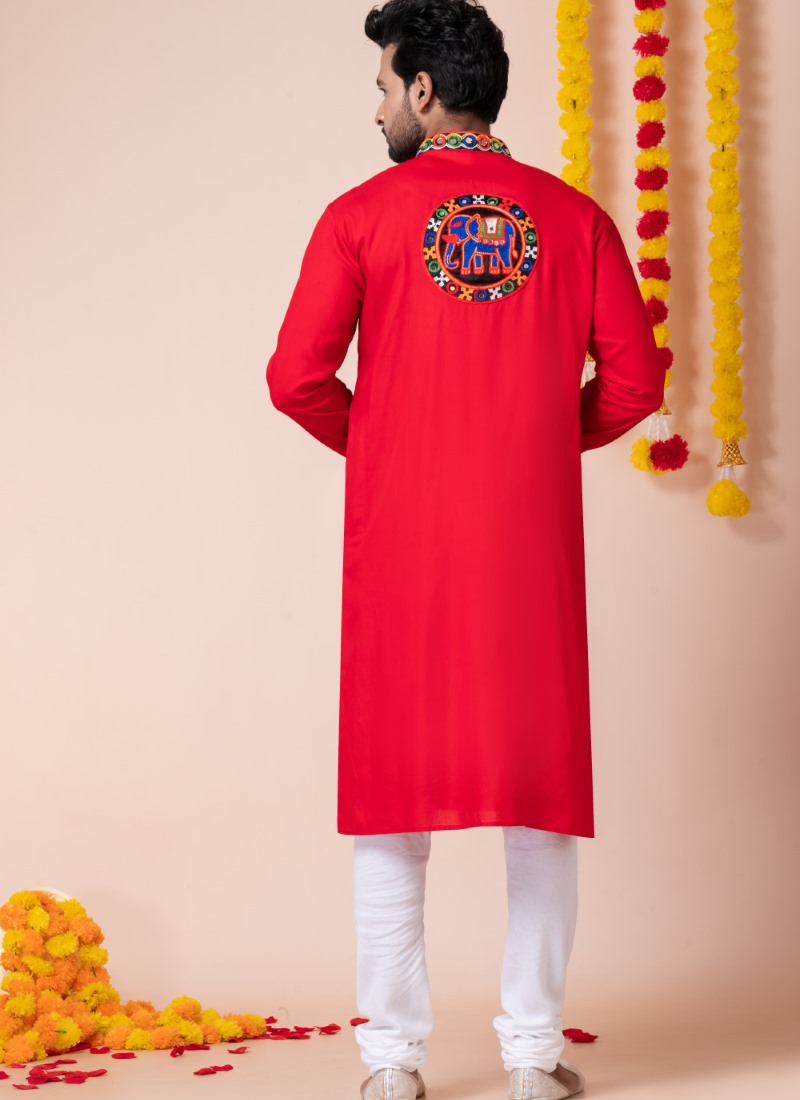 Red Reyon Navratri Kurta Pajama For Men's