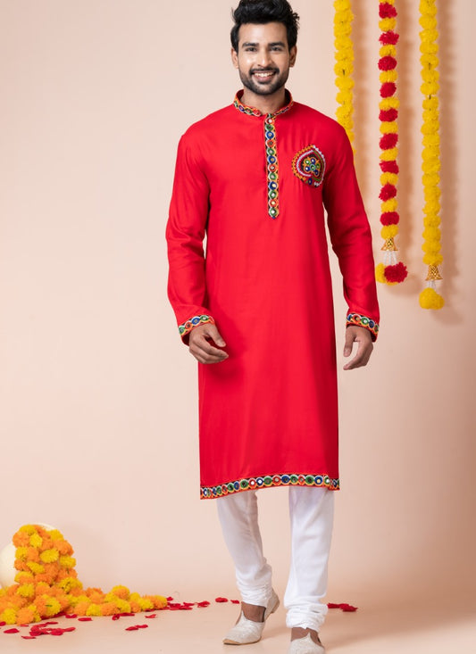 Red Reyon Navratri Kurta Pajama For Men's